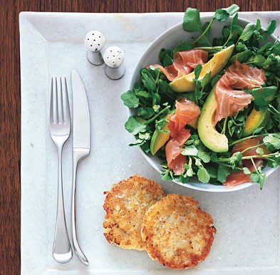 Potato latkes with watercress, smoked salmon, and avocado salad