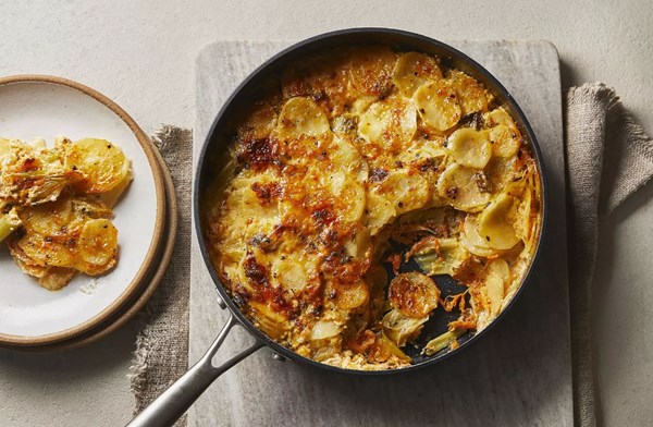 Potato, leek & kimchi gratin