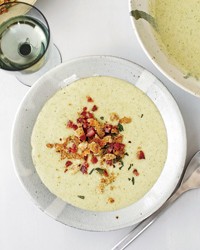 Potato, leek and broccoli soup with pancetta crumbs