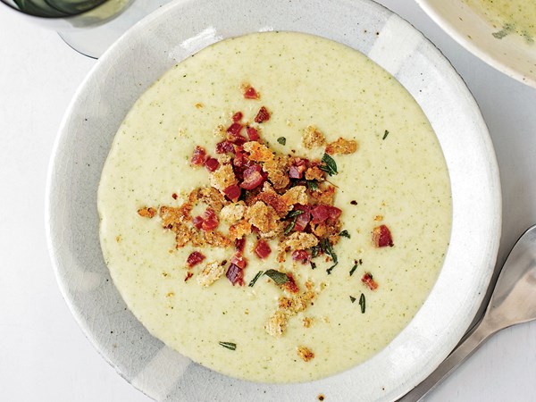 Potato, leek and broccoli soup with pancetta crumbs