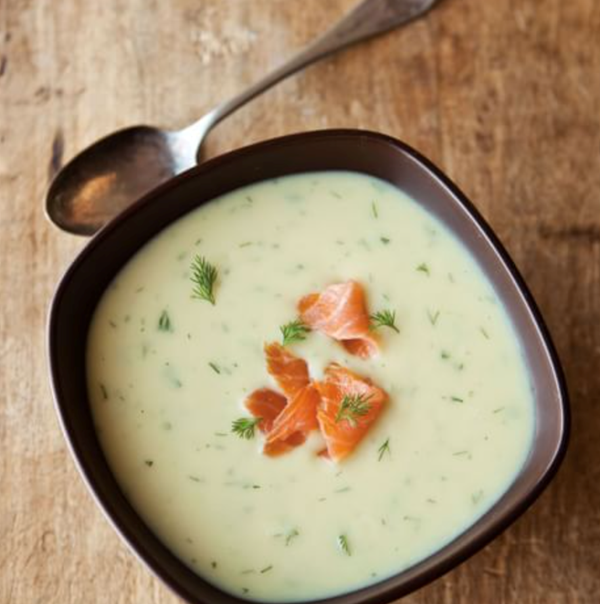 Potato-leek purée with smoked salmon & dill