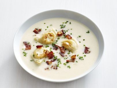 Potato-leek soup with mini pierogi