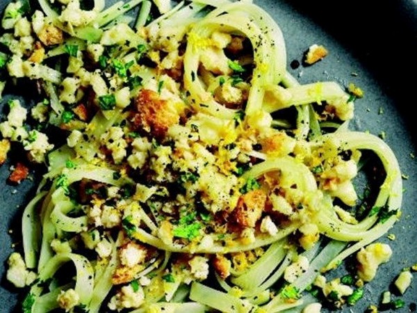 Potato "linguine" with conch & white wine