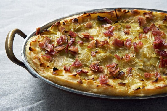 Potato mash with leek confit and bacon