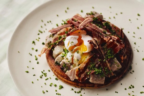 Potato pancakes, smoked eel, poached eggs and horseradish