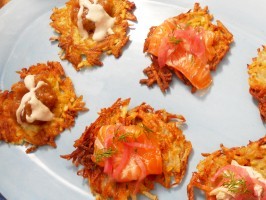 Potato pancakes with chunky applesauce and cinnamon crème fraîche