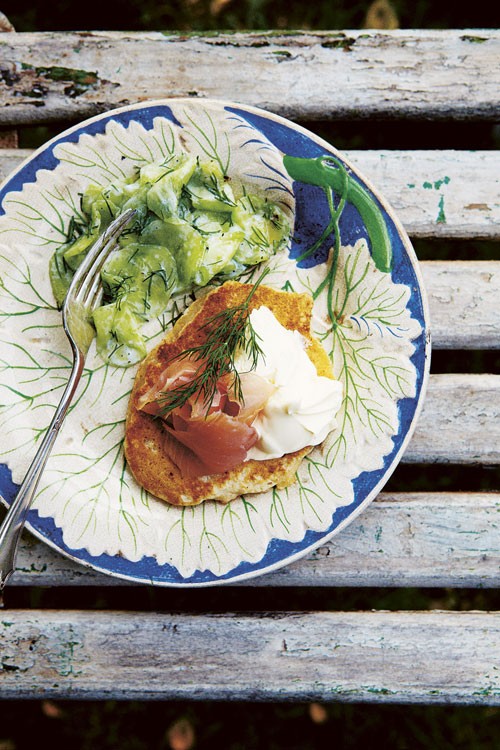 Potato pancakes with smoked salmon and a cucumber and dill salad