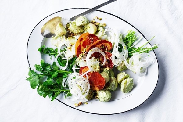 Potato pancetta salad with avocado cream