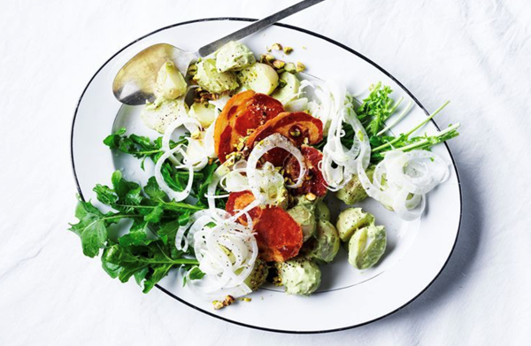 Potato pancetta salad with avocado cream
