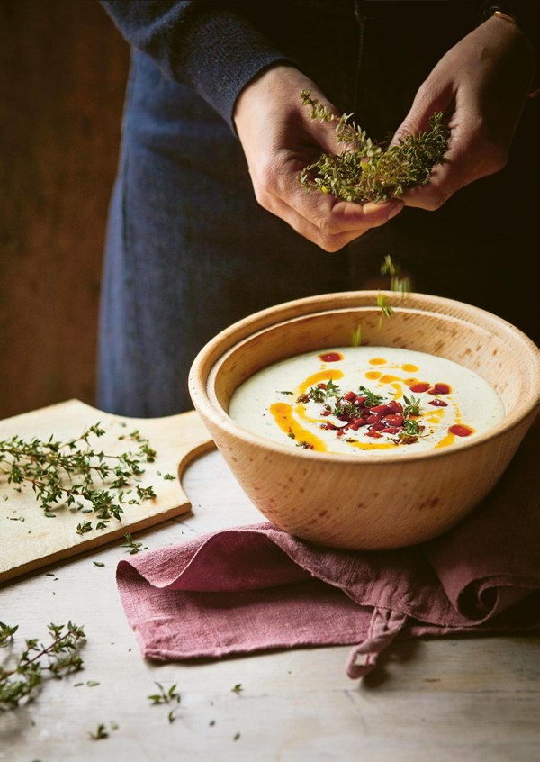 Potato, parsley and thyme soup with chorizo