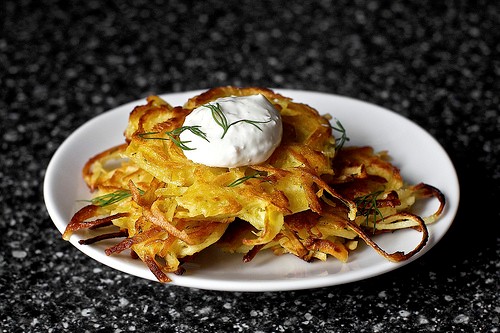 Potato-parsnip latkes with horseradish and dill