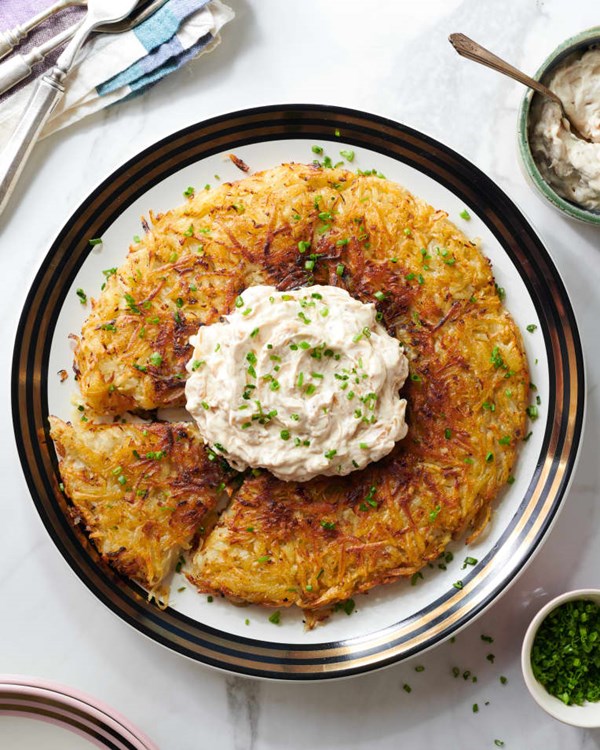 Potato-parsnip rosti with caramelized onion sour cream