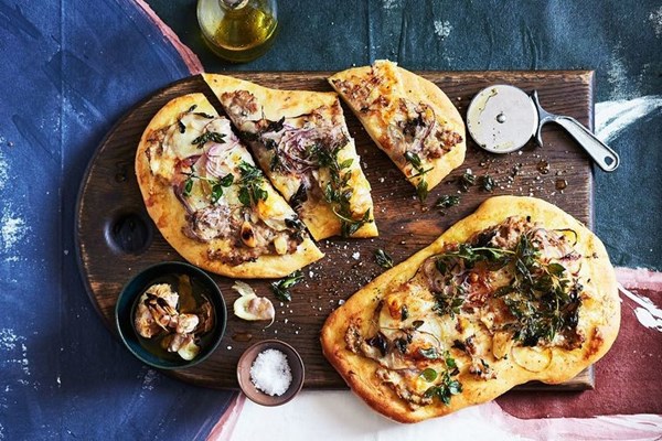 Potato pizza with Italian sausage and Fontina cheese