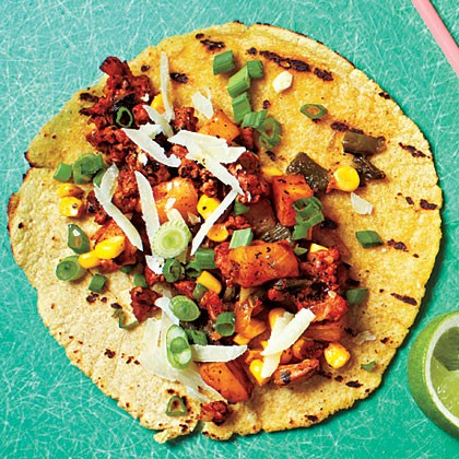 Potato, poblano, and chorizo tacos