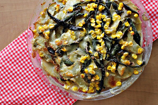 Potato, poblano, and corn gratin