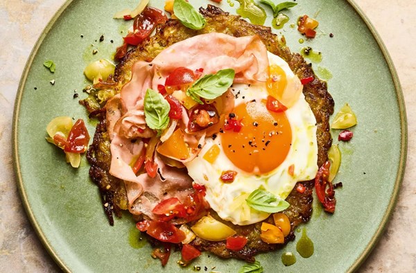 Potato rösti, crispy mortadella & fried eggs