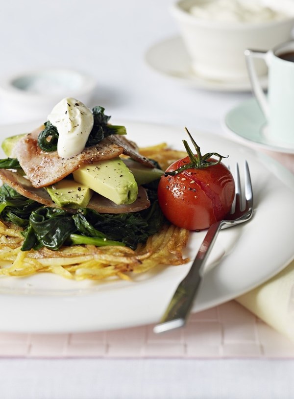 Potato rosti with wilted spinach, bacon and avocado