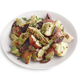 Potato salad with artichoke, black olive, and mint