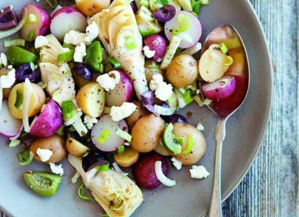 Potato salad with artichokes, feta cheese & olive relish