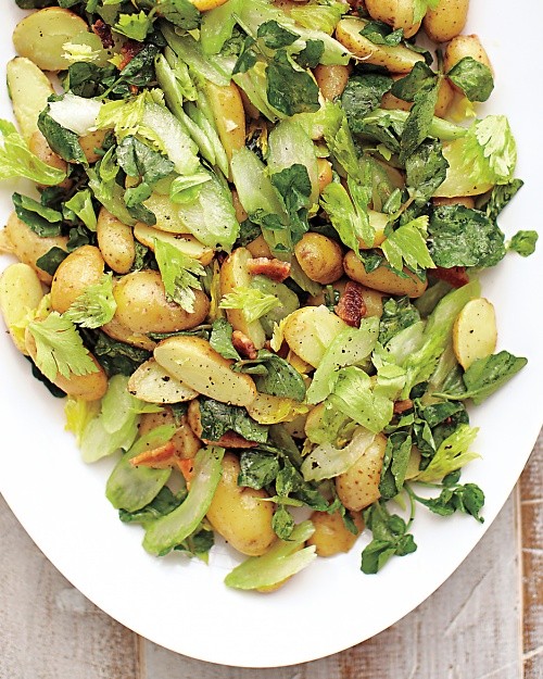 Potato salad with celery, cress, and bacon