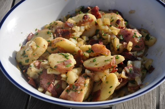 Potato salad with fennel and shallot relish and bacon