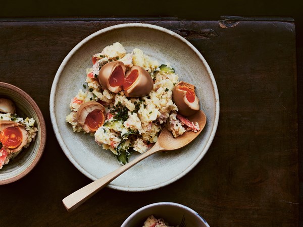 Potato salad with ramen eggs