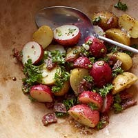 Potato salad with sausage and grainy mustard dressing