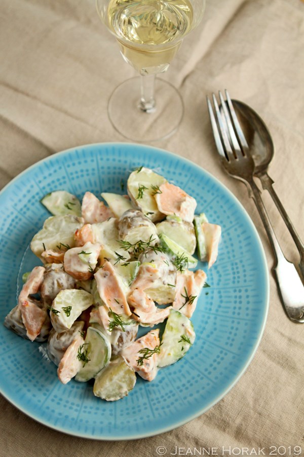 Potato, salmon and cucumber salad
