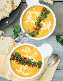 Potato sauerkraut soup with sausage crumbles
