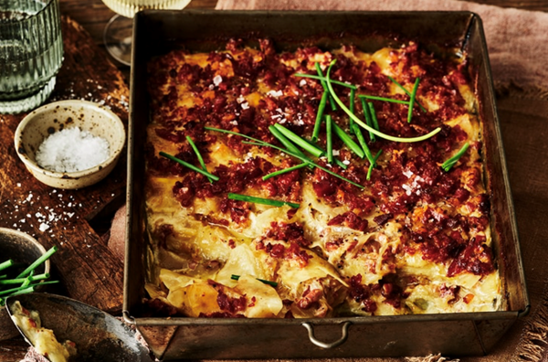 Potato scallop bake with pancetta and caramelised onion