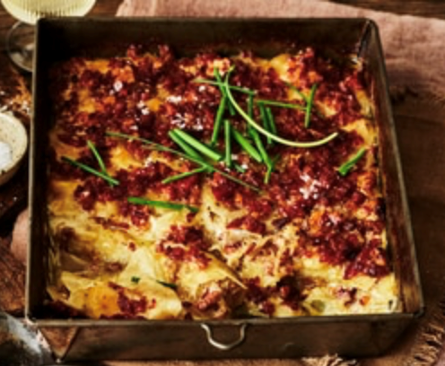 Potato scallop bake with pancetta and caramelised onion