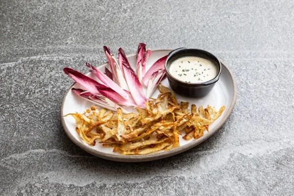 Potato skin crisps with creamy bagna cauda
