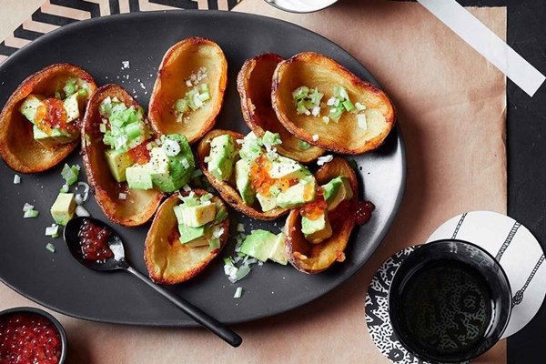 Potato skins, avocado and smoked salmon pearls