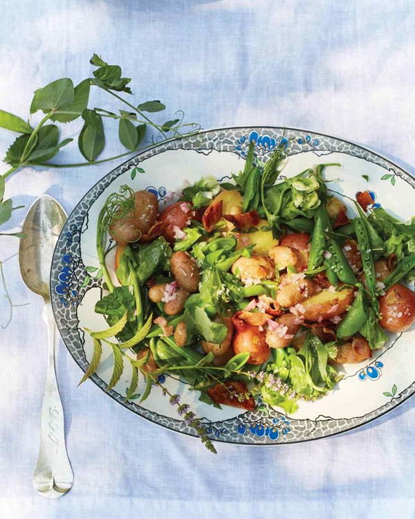 Potato, snap pea, and pea-tendril salad