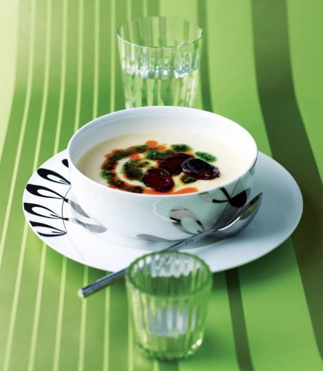 Potato soup with chorizo and parsley pesto