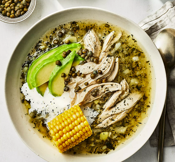 Potato soup with corn, chicken & capers (Ajiaco Bogatano)
