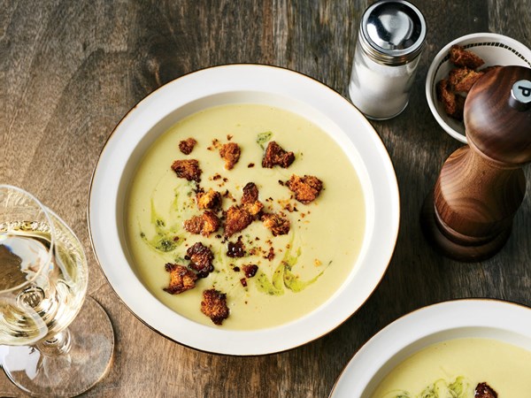 Potato soup with sage butter and rye crumbs