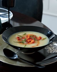 Potato soup with spicy shrimp