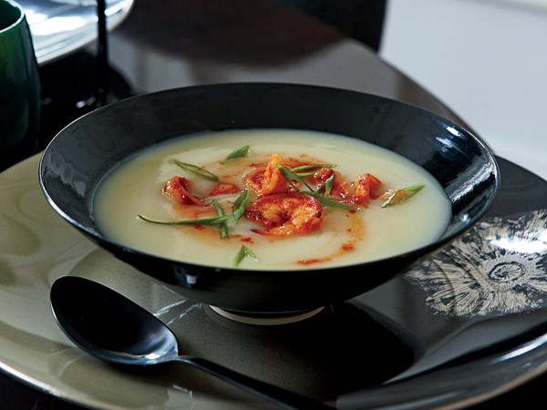 Potato soup with spicy shrimp