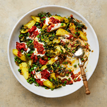 Potato, spinach and peas with spicy tomato oil