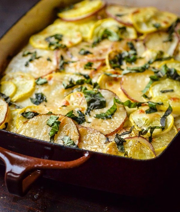 Potato, squash, and goat cheese gratin