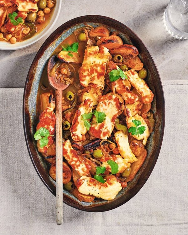 Potato tagine with baked halloumi 