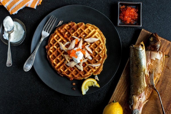 Potato waffles with smoked trout