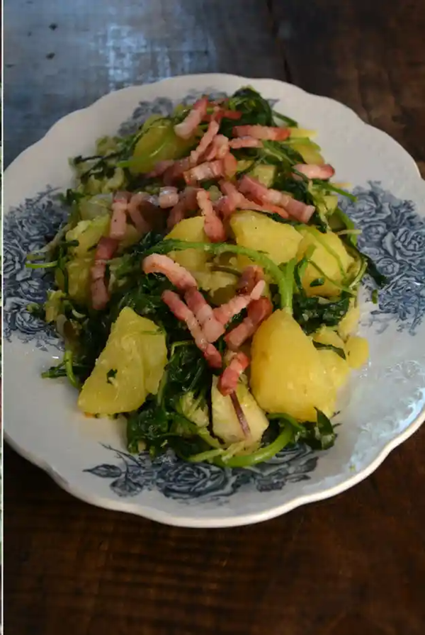 Potatoes and greens with pancetta or halloumi