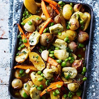 Potatoes, artichokes, carrots and broad beans with preserved lemons