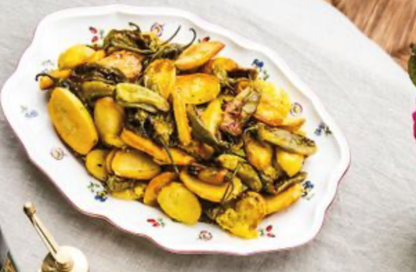 Potatoes roasted with friggitelli peppers and garlic [Annie Conley]