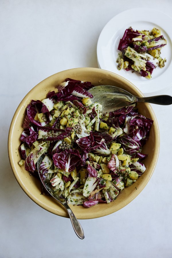 Potatoes with lentils, chicories, and anchoïade