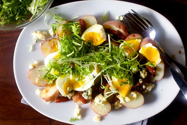 Potatoes with soft eggs and bacon vinaigrette
