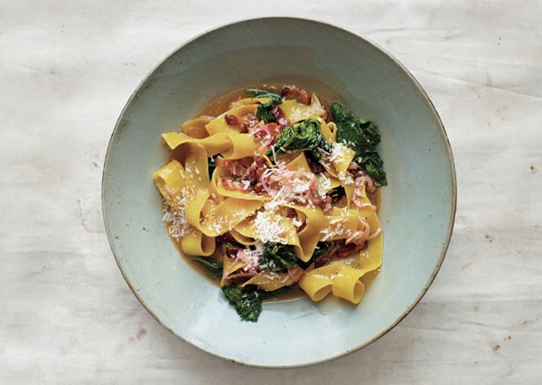 Potlikker noodles with mustard greens