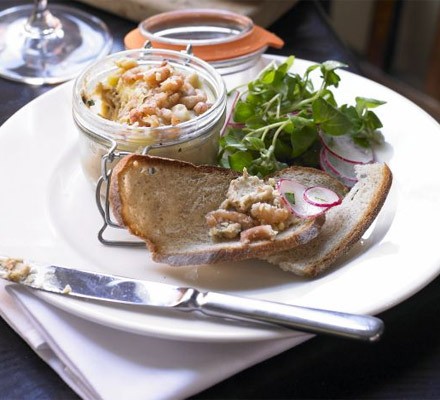Potted crab with brown shrimp butter and pickled radish